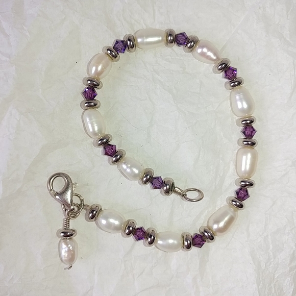 STERLING SILVER FRESHWATER PEARL BRACELET - PURPLE CRYSTALS - Picture 5 of 6
